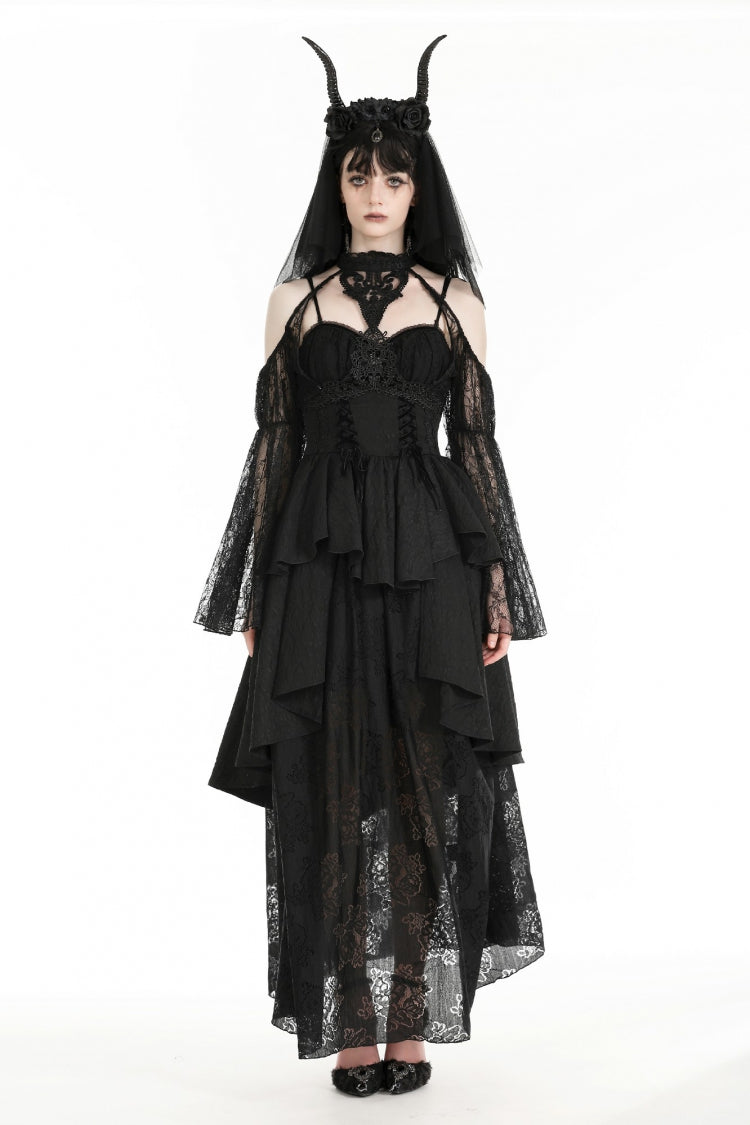 Black Off Shoulder Long Puff Sleeves Cut-Out Lace Women's Gothic Cape - Product - 5