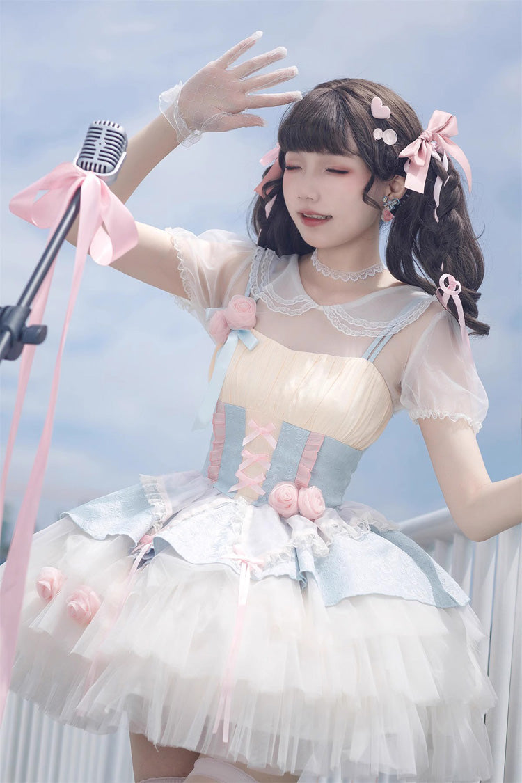 Blue/Pink Rose Peach Wine Sleeveless Multi-layer Ballet Style Sweet Lolita Jsk Dress - Product - 5