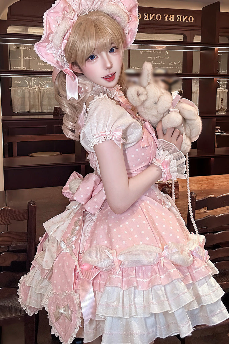 Pink Halterneck Short Sleeves Triple-Layered Polka Dot Printed Bow Lace-Up Sweet Lolita Dress - Product - 12