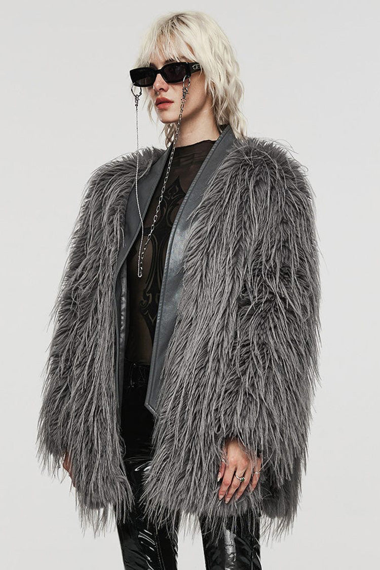 Grey Faux Fur Wool Side Long Sleeves Stitching Womens Gothic Elegant Coat - Product - 2
