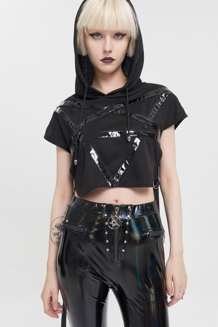 Black Short Front Long Back Stitched Shiny Leather Inverted Pentagram Shape Hoodie Short Sleeve Women's Punk T-Shirt - Product - 3