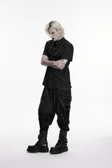 Black Lapel Collar Short Sleeves Cut-Out Spliced Men's Punk Shirt - Product - 7