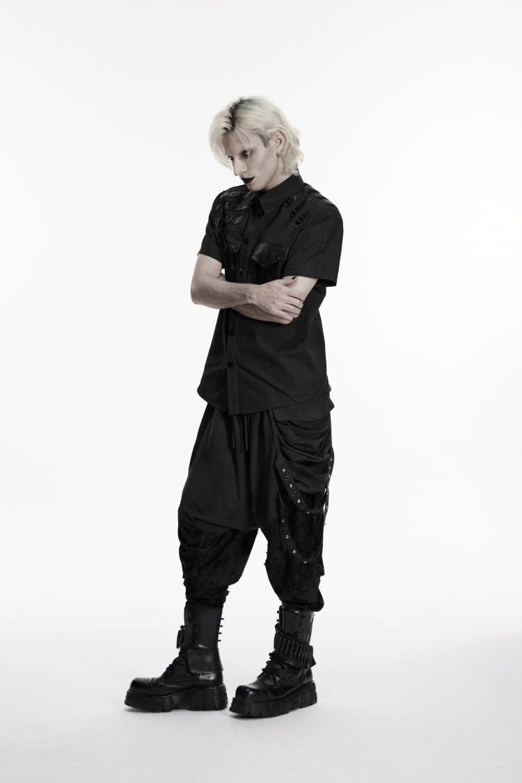 Black Lapel Collar Short Sleeves Cut-Out Spliced Men's Punk Shirt - Product - 7