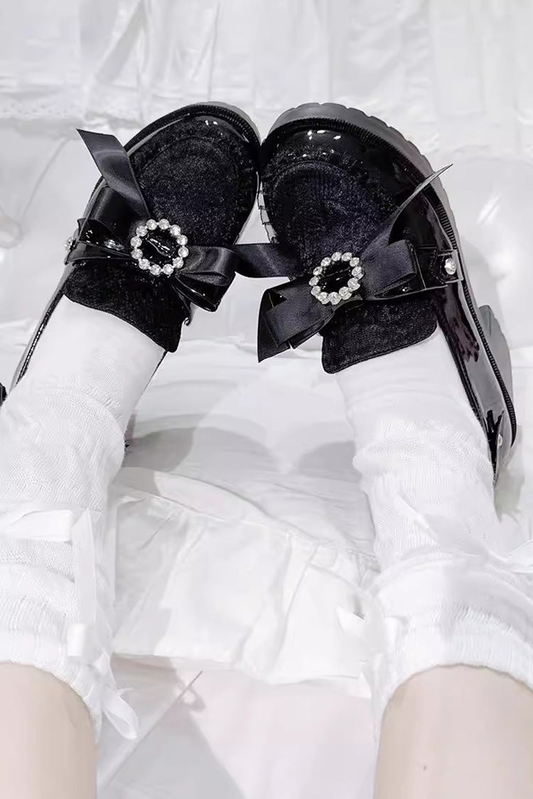 [Love Is Coming] Bowknot Sweet Jirai Kei Japanese Rhinestones Platforms Shoes 2 Colors - Black - 1