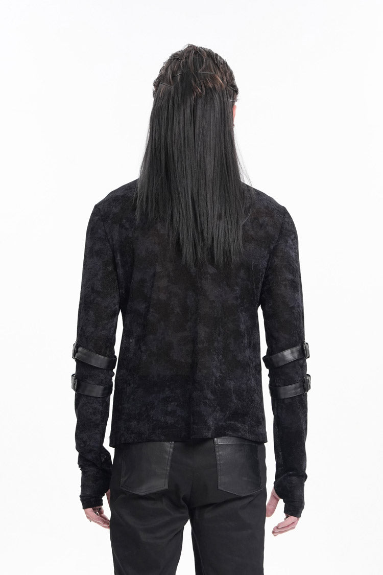 Black Round Collar Long Sleeves Buckle Star Studs Men's Gothic T-Shirt - Product - 3