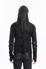Black Round Collar Long Sleeves Buckle Star Studs Men's Gothic T-Shirt - Product - 3