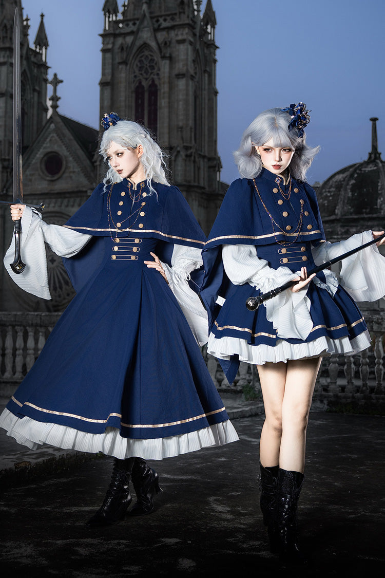 Blue [Eternal Crown] Stand Collar Long Lantern Sleeves Ruffled Color-Blocked Faux Two-Piece Classic Royal Lolita Dress 2 Versions - Blue(Short) - 1