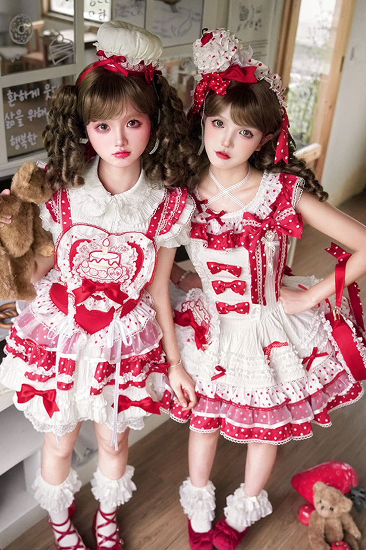 Red/White [Twin Bears] Sleeveless Triple-Layered Print Ruffle Bowknot Lace Sweet Lolita Jsk Dress - Product - 4