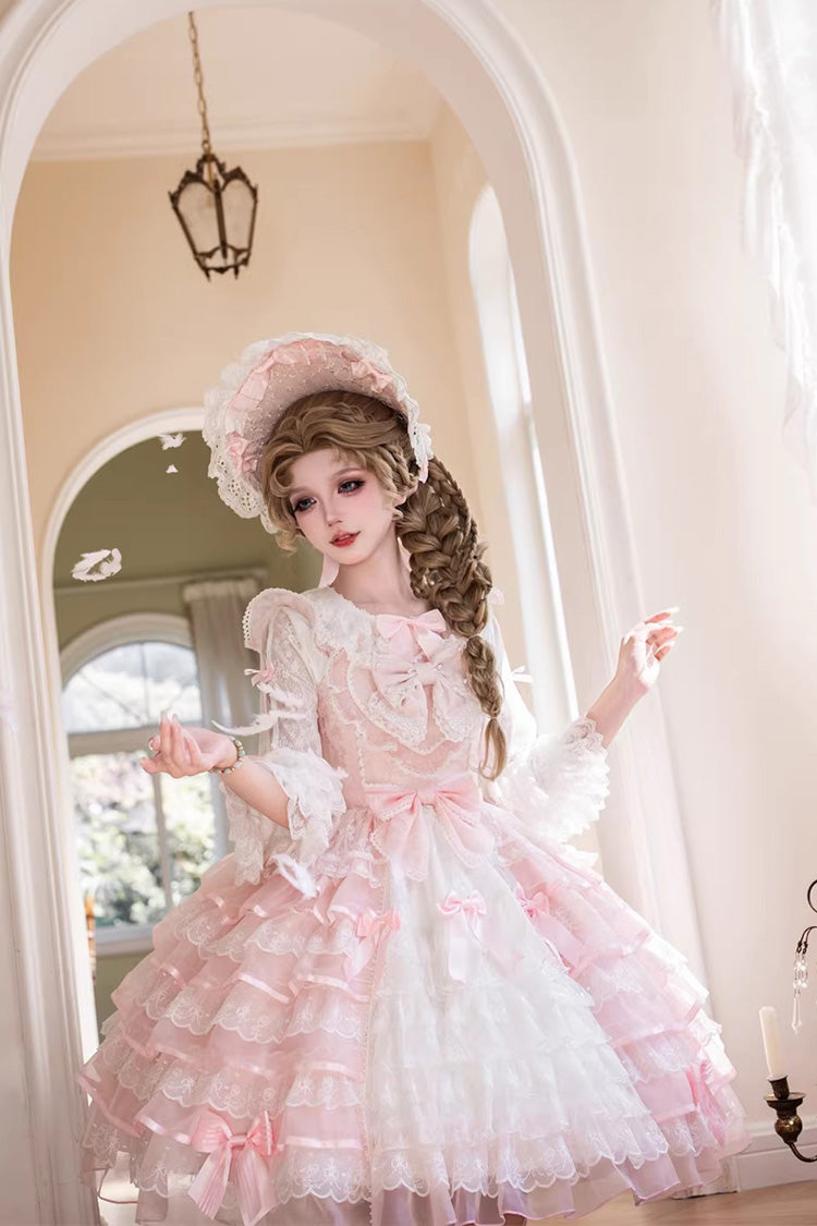 Pink [Cherry Blossom Letter] Sleeveless Multi-Layered Ruffled Embroidered Open-Front Bow Gorgeous Sweet Lolita Jsk Dress - Product - 2