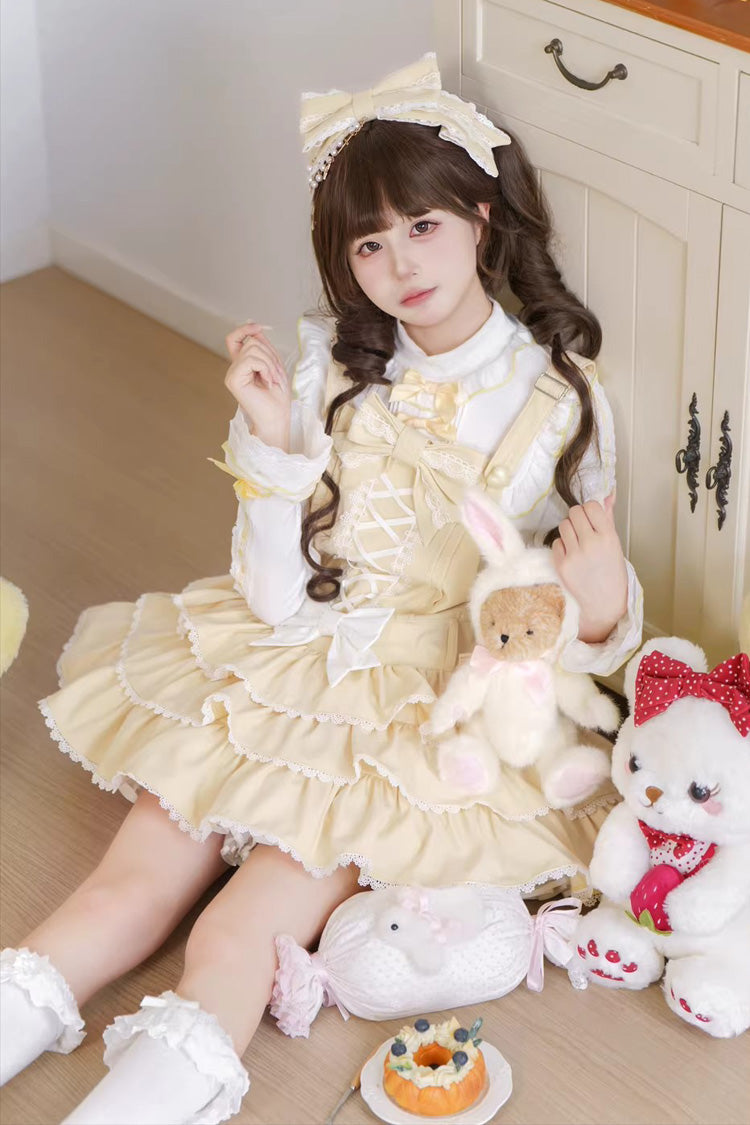Yellow Nostalgic Showa Custard Cream Puff Sleeveless Triple-Layered Ruffled Bow Lace-Up Tiered Cake Sweet Jsk Dress - Product - 5