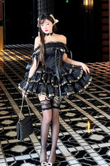 Black [Princess Ribbon] Off Shoulder Triple-Layered Ruffle Bowknot Sweet Lolita Dress - Product - 2