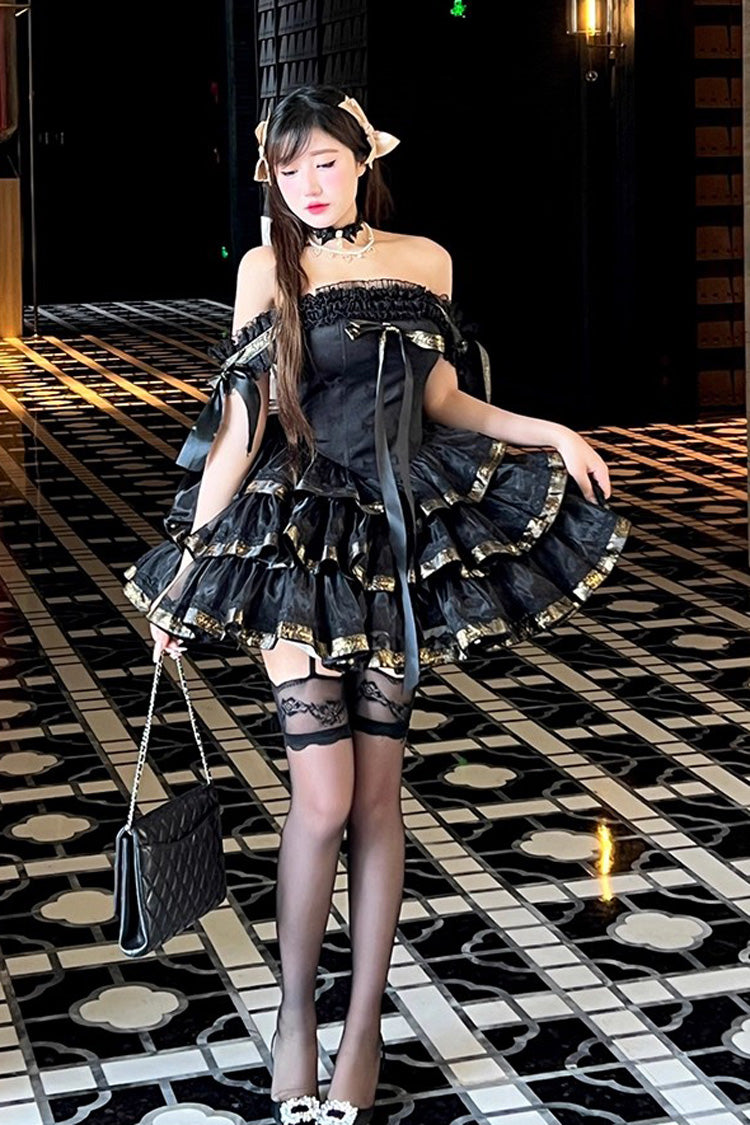 Black [Princess Ribbon] Off Shoulder Triple-Layered Ruffle Bowknot Sweet Lolita Dress - Product - 2