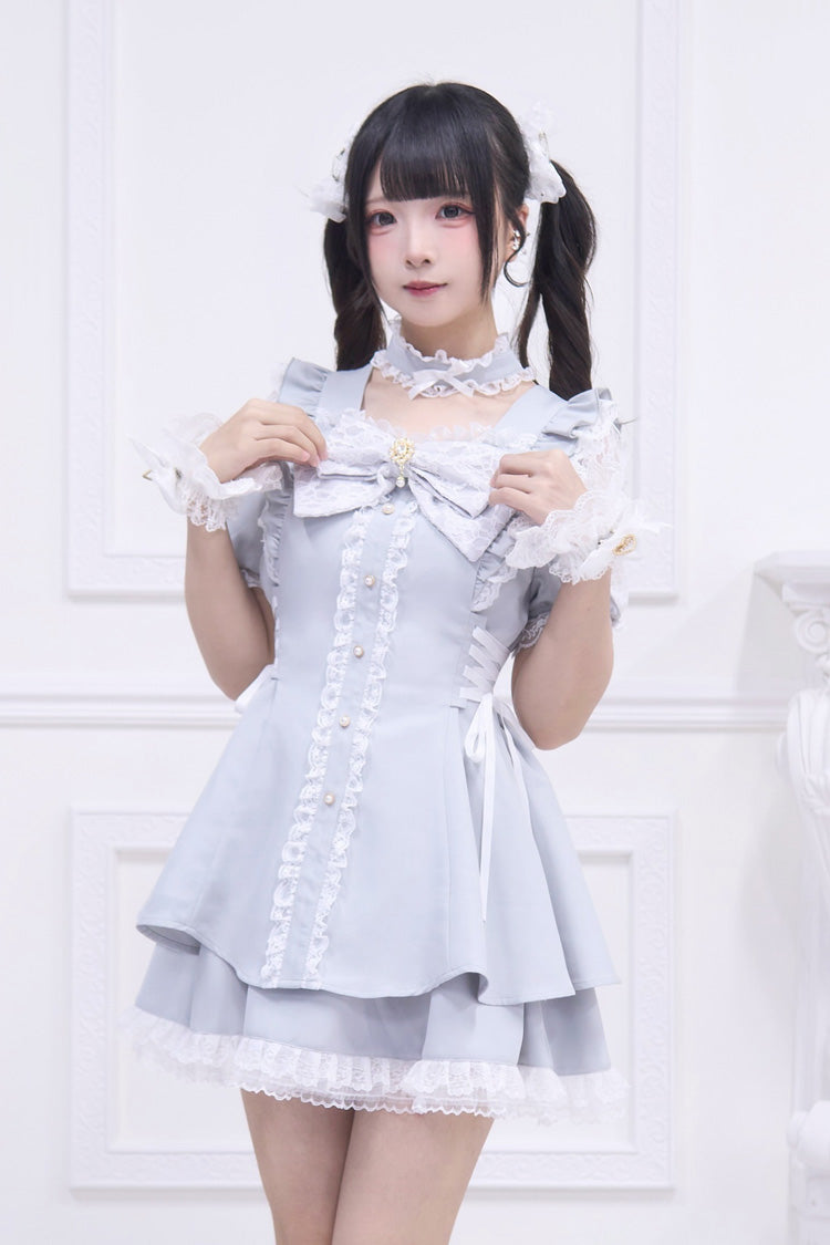 Light Blue [Waltz] Short Sleeves Ruffle Bowknot Gothic Jirai Kei Japanese Dress Set - Product - 3