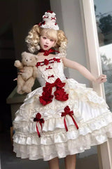 Apricot [Berry Endless] Square Collar Sleeveless Multi-Layered Ruffled Embroidered Bow Lace Sweet Lolita Jsk Dress - Product - 3