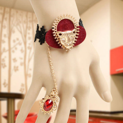 Retro Fashion Personality Exaggerated Tiger Head Black Lace Ruby Lolita Ring Bracelet - Red - 1
