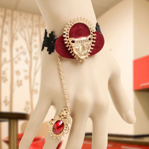 Retro Fashion Personality Exaggerated Tiger Head Black Lace Ruby Lolita Ring Bracelet - Red - 1