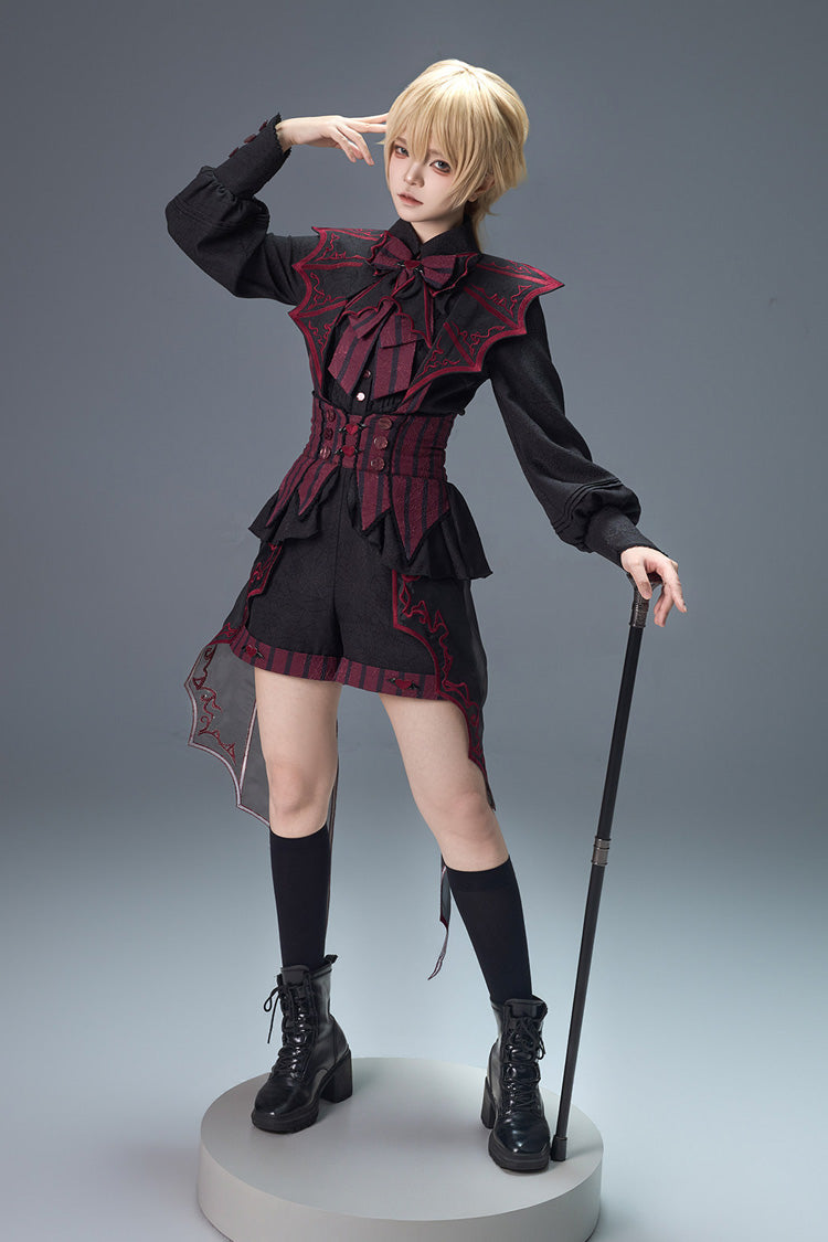 Black/Red [Demon Ritual] Stand Collar Long Lantern Sleeves Jacquard Embroidered Bow Gothic Prince Ouji Lolita Shorts Set - Product - 7