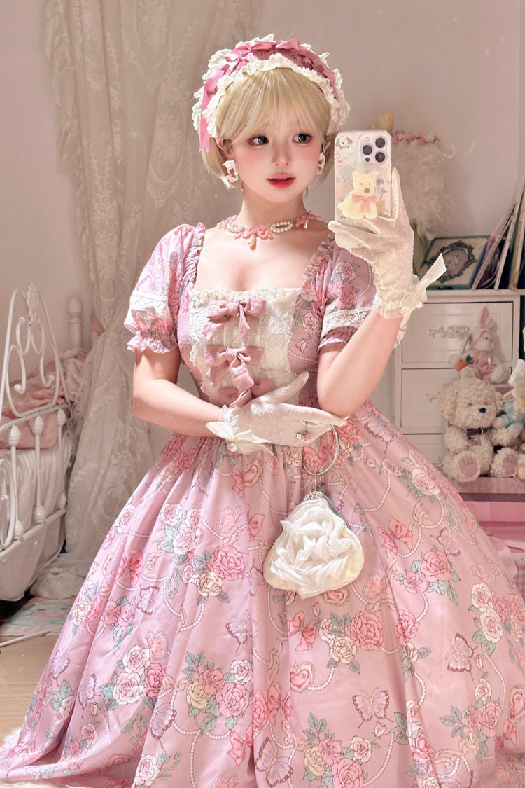 Pink Gem Rose Print Short Puff Sleeves Ruffle Bowknot Sweet Plus Size Lolita Dress - Product - 4