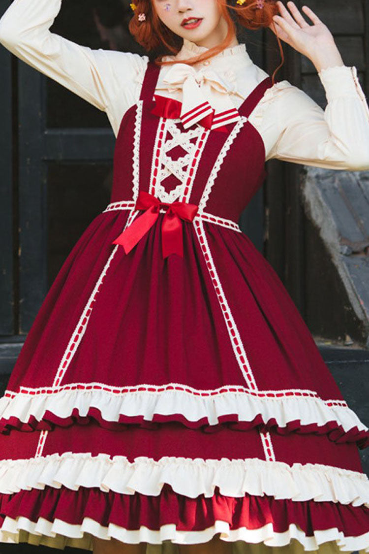 Court Style High Waisted Bowknot Ruffled Multi-Layer Classic Lolita Jsk Dress - red - 1