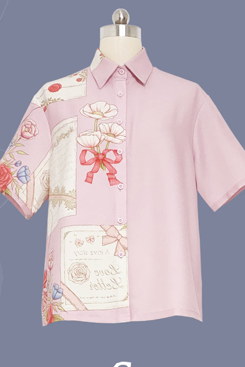 Pink Romance Print Lapel Collar loose Ouji Lolita Short Sleeves - Pink - 1