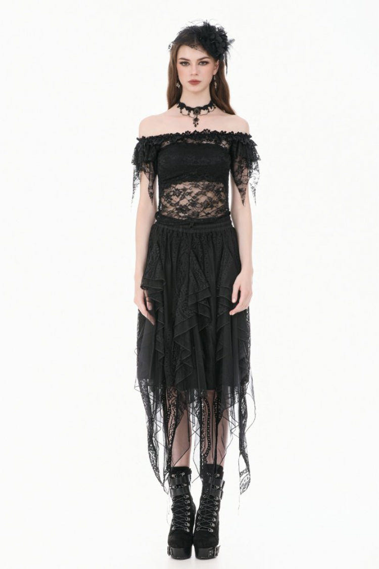 Black Off Shoulder Floral Sheer Lace Women's Gothic Top - Product - 7