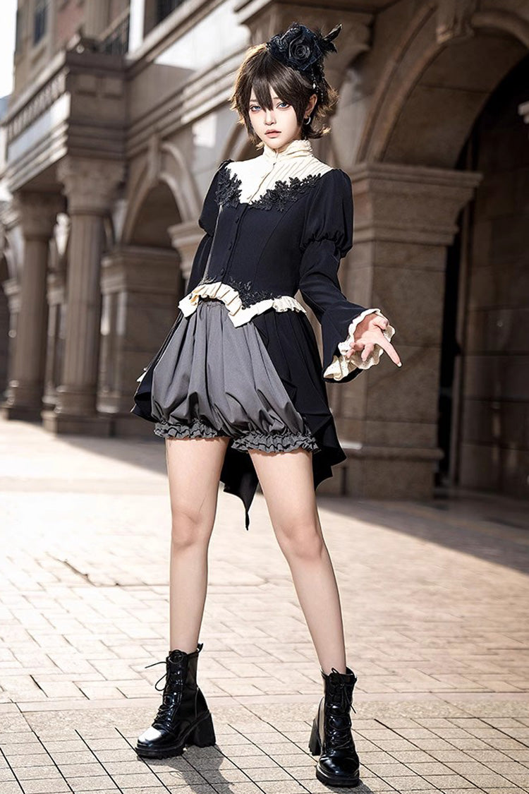 Black [Eternal Night Feast] Long Sleeves Gothic Prince Handsome Ouji Lolita Tailcoat Top and Shorts Set - Product - 8