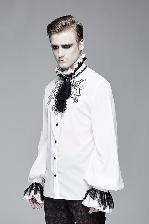 White Chiffon Embroidered Long Sleeves Mens Gothic Blouse - Product - 2