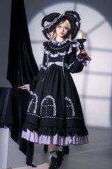 Black [Twin Lilian] Round Collar Long Sleeves Double-Layered Ruffled Bow Lace-Up Gothic Lolita Dress - Product - 5