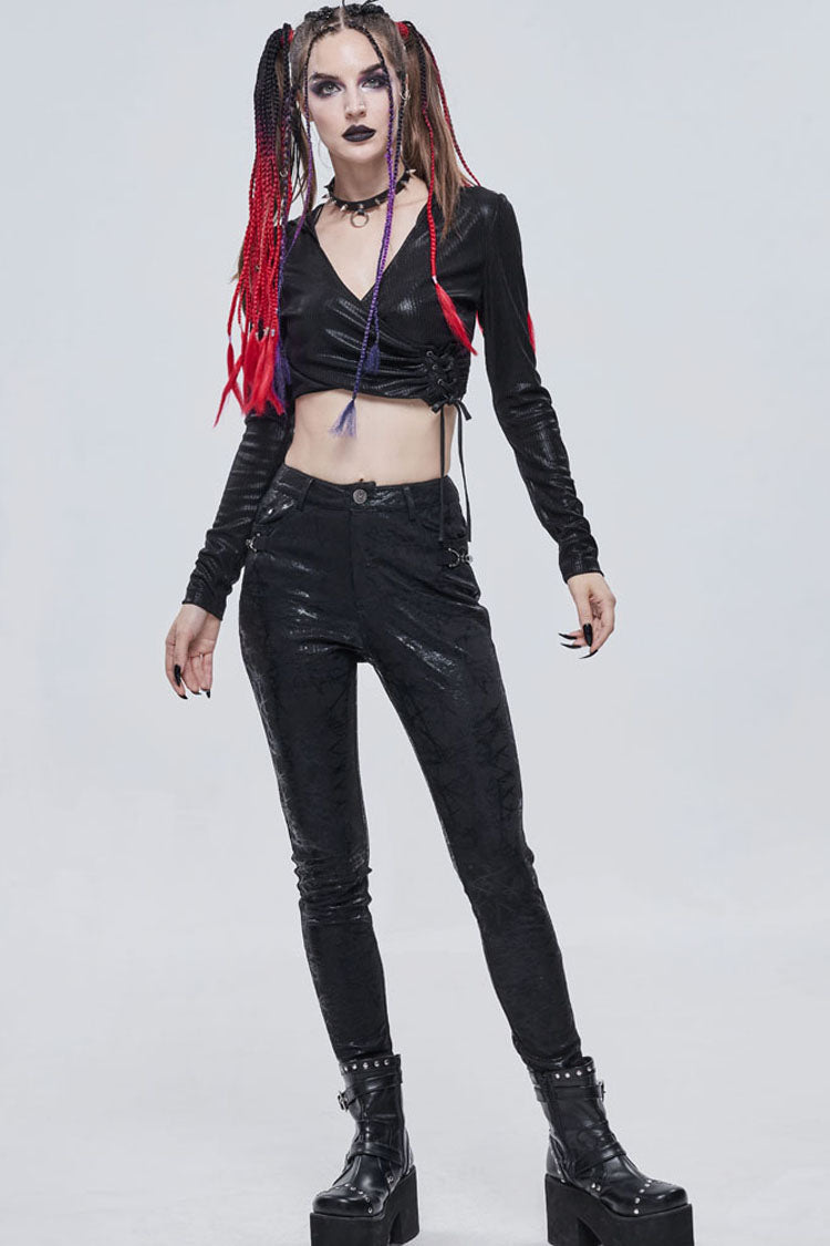 Black Punk Knitted Over Glue Metal Buckle Decoration Elasticity Leather Women's Leggings - Product - 6