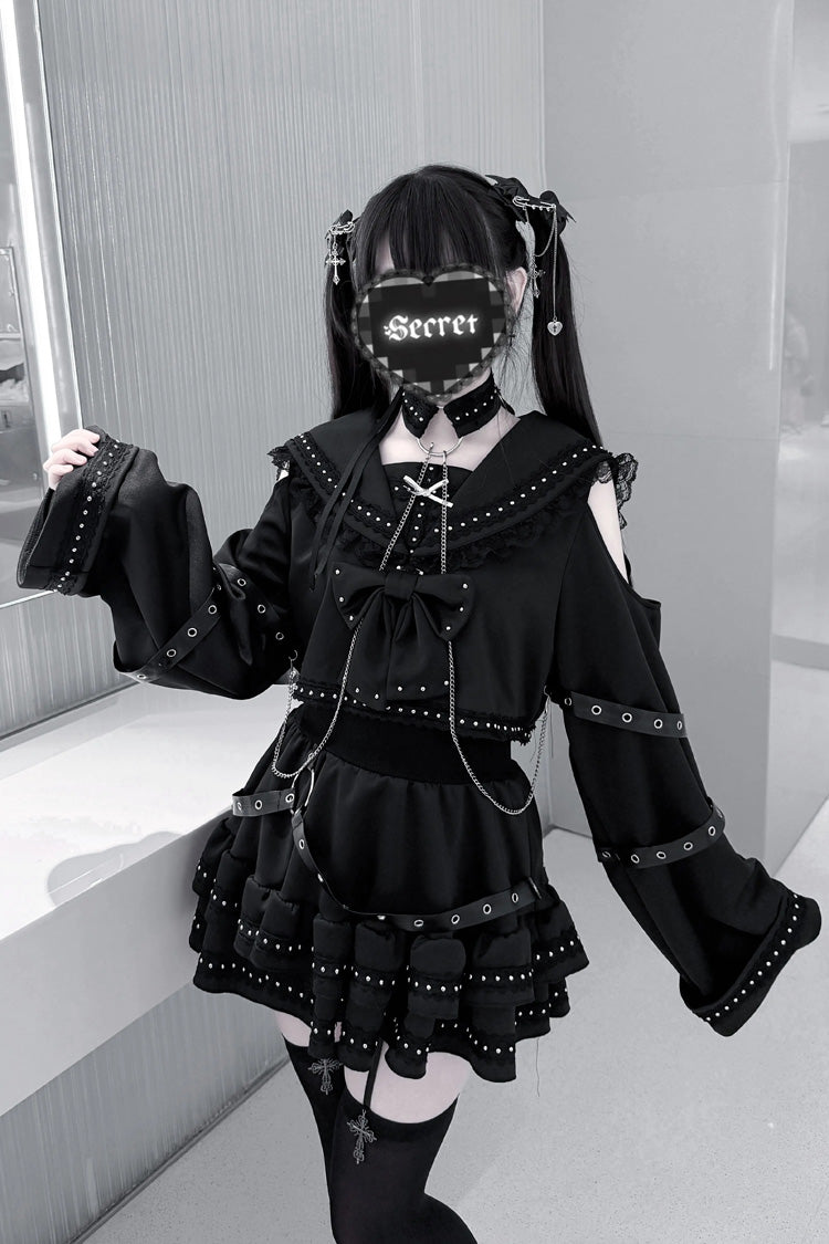 ブラック [Serpent Devour] ネイビー 襟 長袖 フリルリボン スタッズ ゴシック 地雷系 トップス＆スカートセット 商品画像