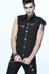 Black Sleeveless Twill One-Shoulder Armor Heat Seal Men's Punk Shirt - Product - 3