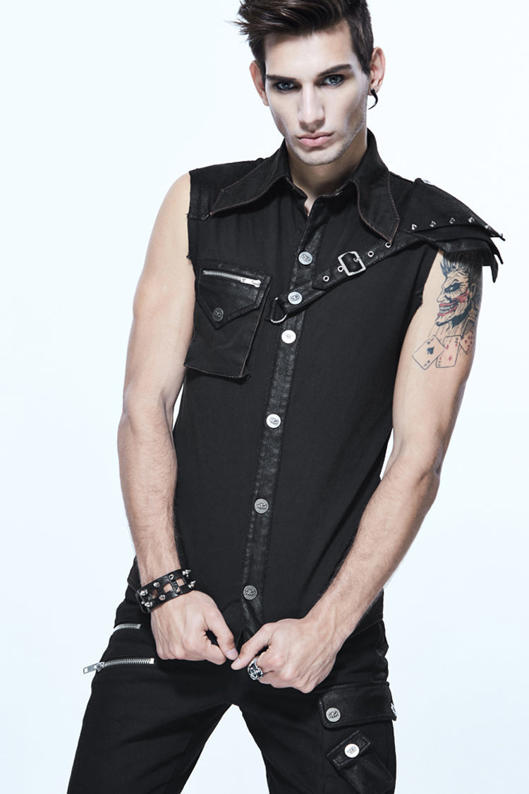 Black Sleeveless Twill One-Shoulder Armor Heat Seal Men's Punk Shirt - Product - 3