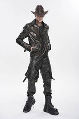 Brown Lapel Collar Long Sleeves Asymmetric Studded Zippered Pleated Eyelet Men's Punk Jacket - Product - 10