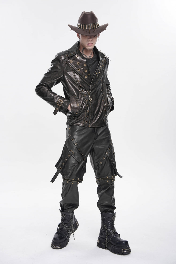 Brown Lapel Collar Long Sleeves Asymmetric Studded Zippered Pleated Eyelet Men's Punk Jacket - Product - 10