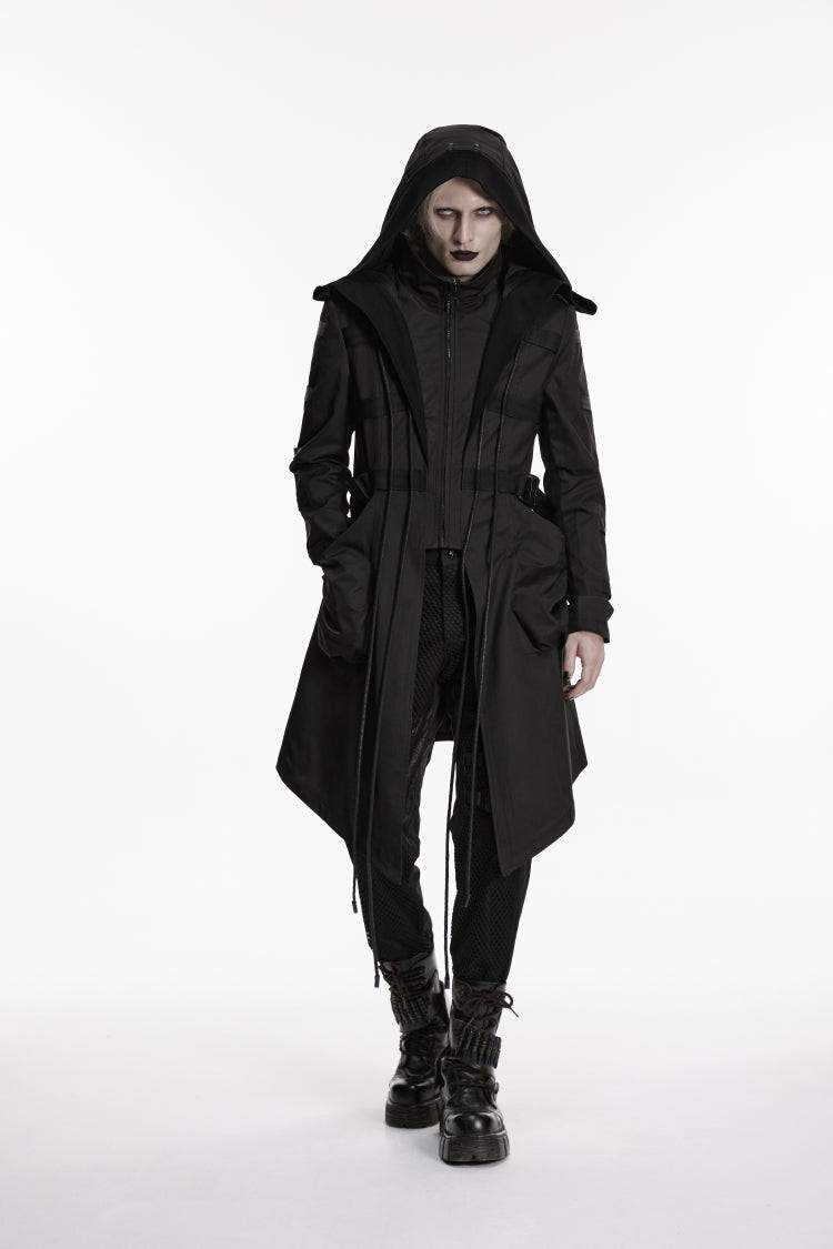 Black Stand Collar Long Sleeves Hooded Faux Two-Piece Zippered Men's Punk Big Pockets Strappy Jacket - Product - 5