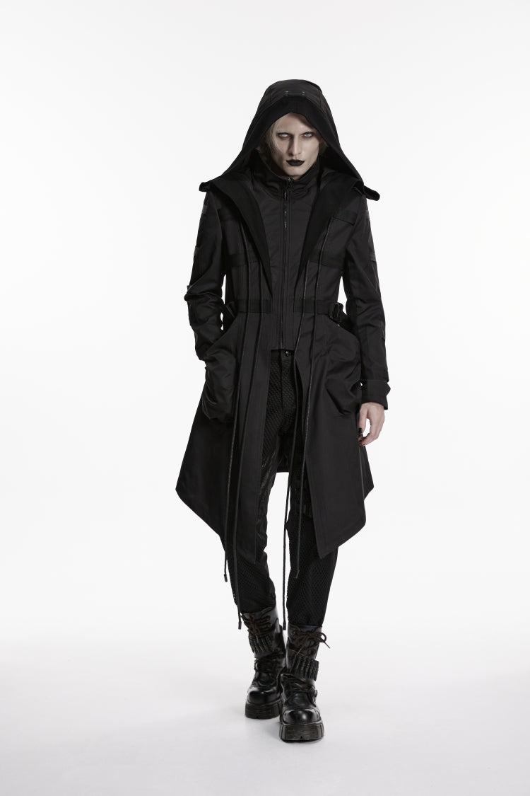 Black Stand Collar Long Sleeves Hooded Faux Two-Piece Zippered Men's Punk Big Pockets Strappy Jacket - Product - 5