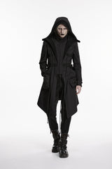 Black Stand Collar Long Sleeves Hooded Faux Two-Piece Zippered Men's Punk Big Pockets Strappy Jacket - Product - 5