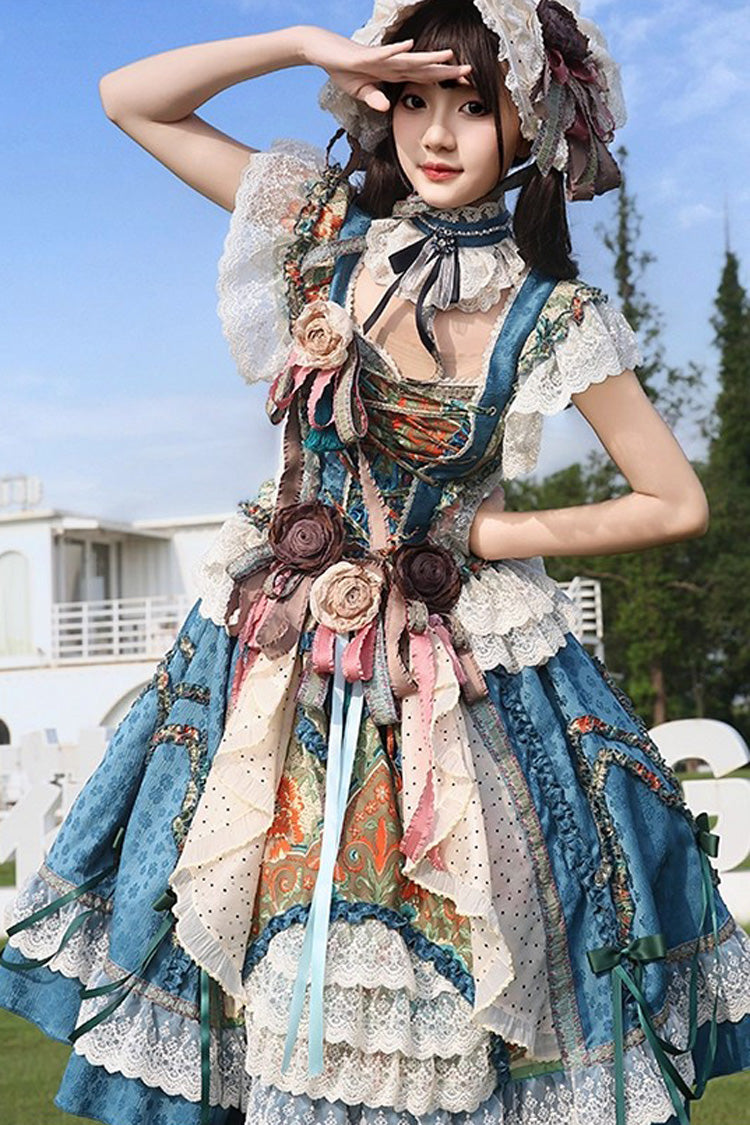 Blue [Lake Monet] Sleeveless High Waisted Print Ruffle Cardigan Bowknot Lace-Up Classic Vintage Elegant Princess Lolita Jsk Dress - Product - 8