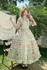 Green [Cat Rose Tea] Short Sleeves Print Ruffle Cardigan Bowknot Sweet Gorgeous Lolita Dress - Green - 1