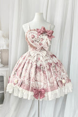 Pink [Sweet Dessert Cat] Print Ruffle Bowknot Lace Sweet Princess Lolita Dress Set - Product - 5