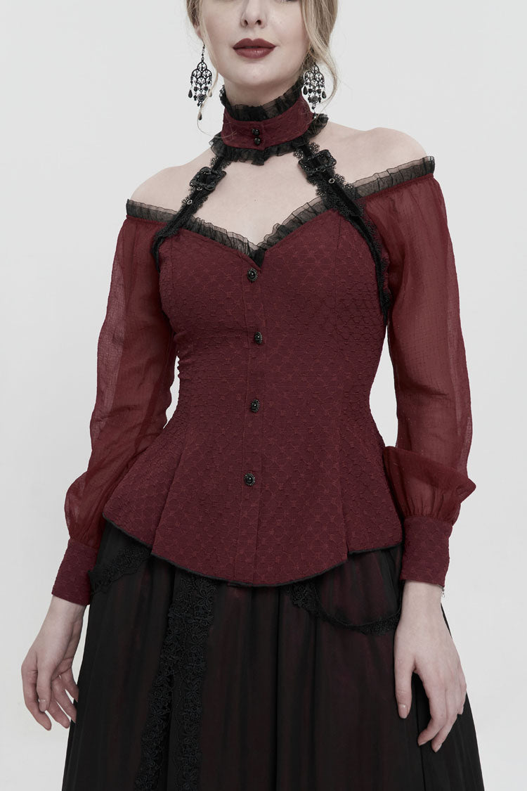 Red Lace Trim Panel Adjustable Back Long Sleeve Women's Gothic Shirt - Red - 1