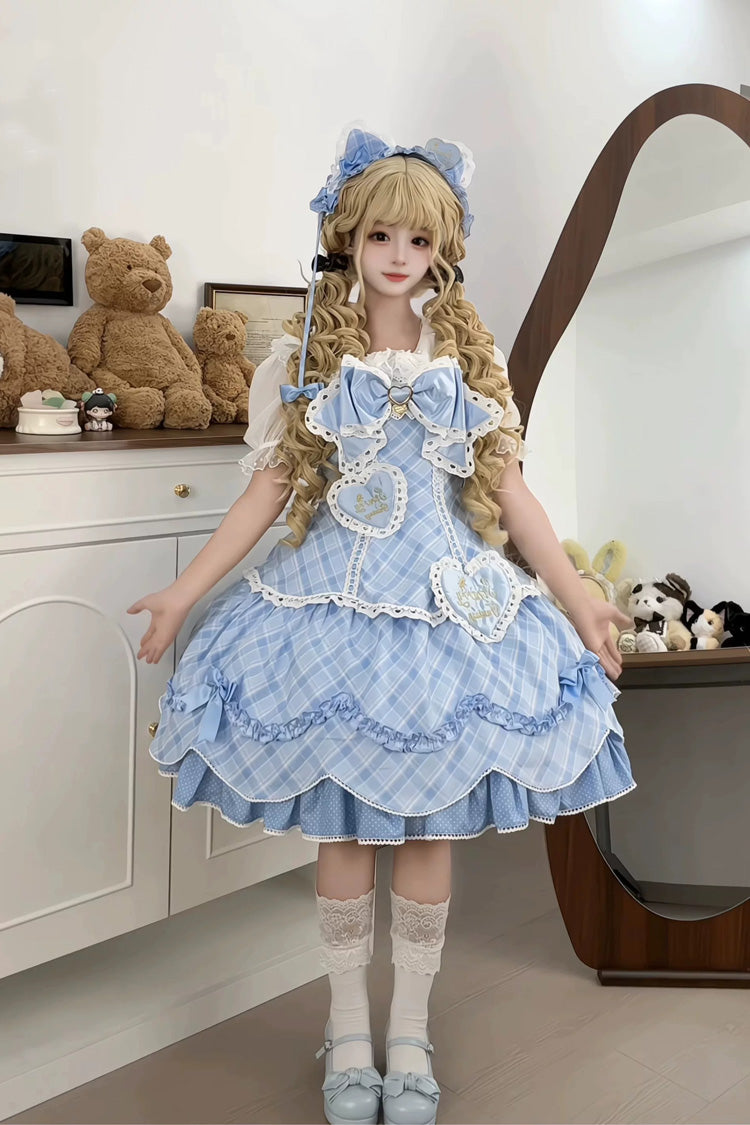 Blue [Candy Cream Puff Strawberry Cake] Multi-Layered Printed Ruffled Bow Plus Size Sweet Princess Lolita Dress 2 Versions - Blue(JSK) - 1