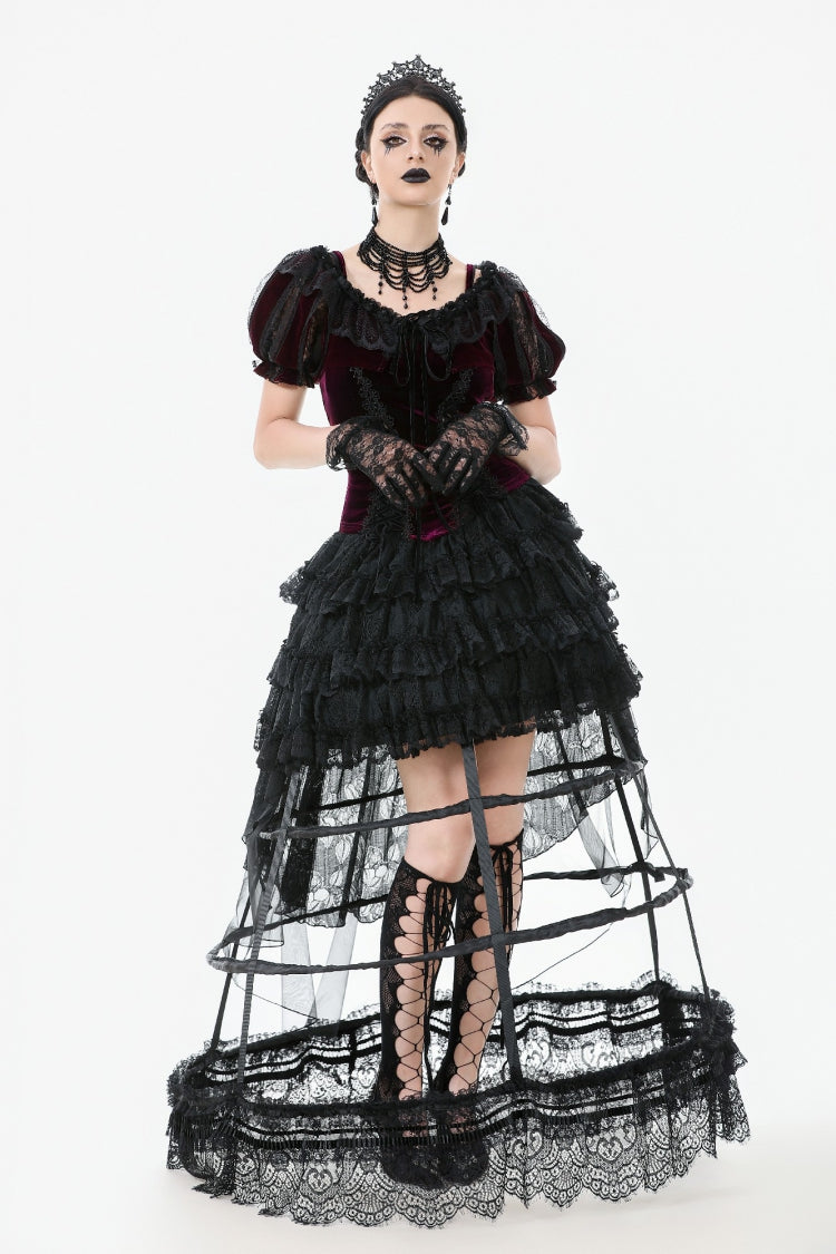 Black Ruffled Doll Collar Short Puff Sleeves Lace-Up Women's Gothic Princess Velvet Cape - Product - 8