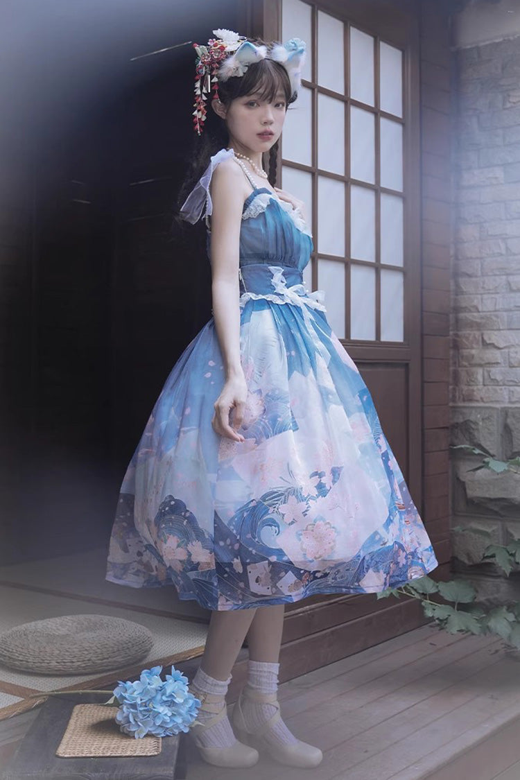 Blue/Pink Mount Fuji Cherry Blossom Season Print Bowknot Sweet Lolita Skirt - Product - 5