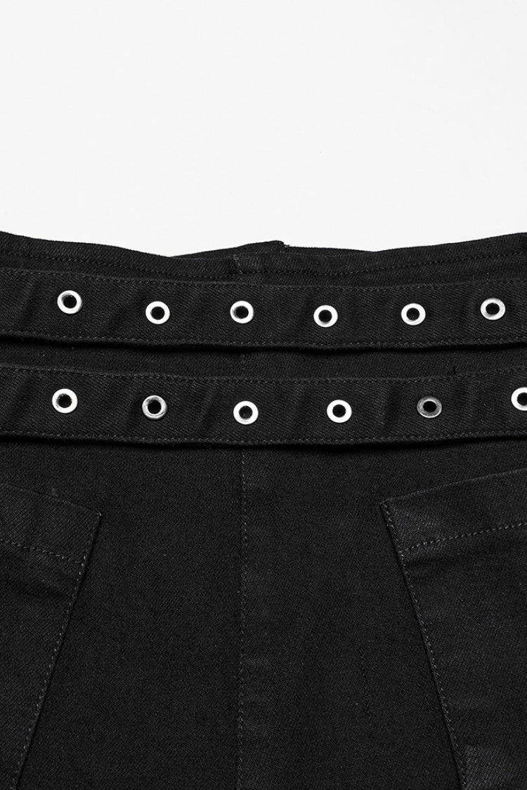 Black Lace-Up Women's Punk Denim Shorts with Detachable Pocket - Product - 7