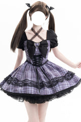 Purple [Witch Time] Short Puff Sleeves Plaid Print Bowknot Lace Sweet Lolita Dress - Purple - 1
