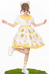 White/Yellow Sweet Duck Print Bowknot Puff Short Sleeves Lolita OP Dress - Product - 2