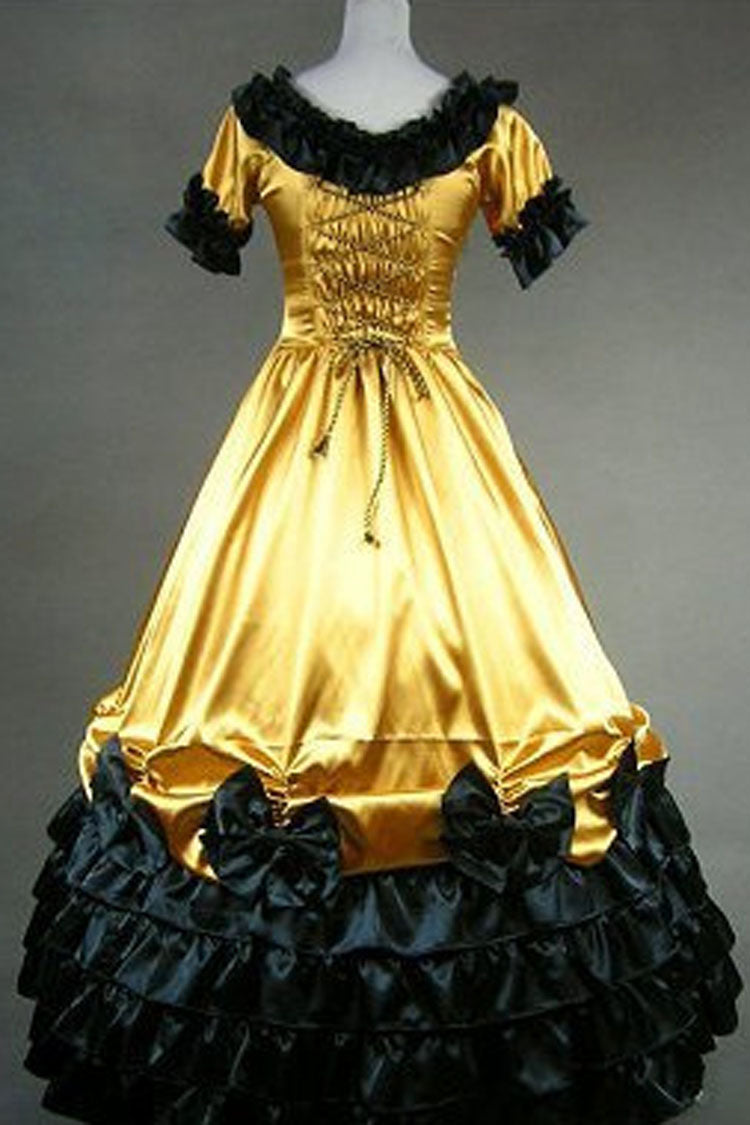 Golden Cotton Round Neck Short Sleeves Floor Length Bowknot Victorian Gothic Lolita Dress - Product - 2