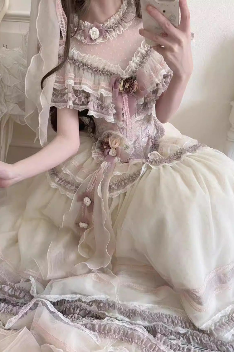 Purple [Wisteria Poem] Sleeveless Ruffled Cut-Out Embroidered Bow Lace Sweet Lolita Two-piece Skirt Set - Product - 4