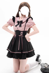 Black/Pink First Sakura Short Sleeves Multi-layer Lace-Up Sweet Jirai Kei Japanese Set - Product - 8
